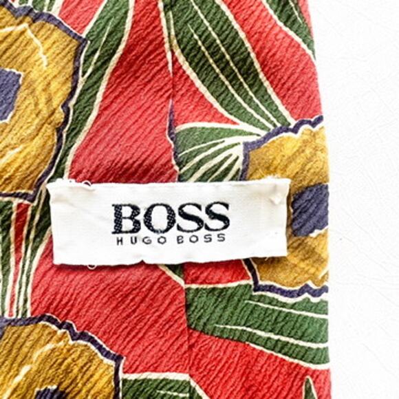 Boss Hugo Boss 100% Silk Neck Tie Made in Italy EUC Red Tropical Floral - Picture 7 of 8